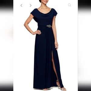 Petite Long Cowl Neck A-Line Matte Jersey Dress with Pleated Bodice